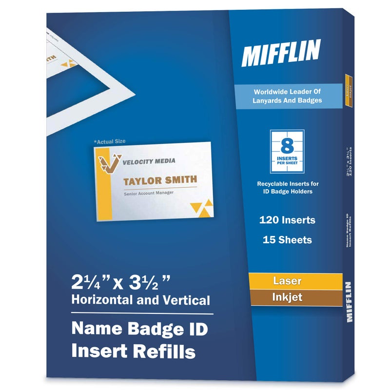 Mifflin-USA Name Badge Inserts, 2.25x3.5" or 3.5x2.25" Badge Inserts (120 Cardstock Refills, 15 Sheets), Compatible with Inkjet, Laser Printer, and Printable Badge Inserts - Image 1